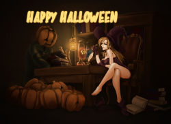 1boy 1girl ankle_boots bare_shoulders blonde_hair book boots bottle breasts candle candlelight carrying cleavage crossed_legs deneb_rove drawdragon dress gloves happy_halloween hat holding holding_smoking_pipe indoors inkwell jack-o&#039;-lantern lamp leaning_forward legs long_hair looking_at_another microdress open_book pumpkin pumpkinhead_(ogre_battle) purple_dress purple_footwear purple_gloves purple_hat quill scroll shelf shoes single_shoe sitting smile smoking smoking_pipe strapless strapless_dress table tactics_ogre taut_clothes taut_dress thighs toes tunic unworn_boot unworn_boots witch witch_hat yellow_eyes
