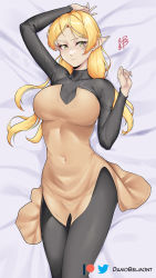 1girl arm_up bed_sheet blonde_hair bodystocking commentary covered_navel cowboy_shot damobelmont dress english_commentary hand_up highres isekai_ojisan long_hair long_sleeves looking_at_viewer lying on_back pointy_ears short_dress solo strapless strapless_dress sui_(isekai_ojisan) thighs twitter_logo yellow_dress yellow_eyes rating:Sensitive score:24 user:danbooru