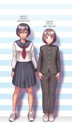  1boy 1girl black_hair blue_eyes blue_sailor_collar blue_skirt breasts brown_hair commentary_request dress full_body green_eyes height_chart height_difference highres long_sleeves looking_at_viewer medium_breasts neckerchief original pleated_skirt sailor_collar sailor_dress sailor_shirt school_uniform serafuku shirt shoes short_hair simple_background skirt smile sneakers tan translation_request white_shirt wokada 