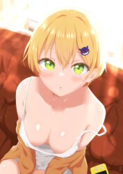  1girl areola_slip backlighting bare_shoulders blonde_hair blush breasts camisole cleavage collarbone couch cowboy_shot downblouse from_above game_console gen_1_pokemon gengar green_eyes hair_between_eyes hair_ornament hairclip indoors lens_flare light_rays looking_at_viewer looking_up mnm_mdw no_bra off_shoulder on_couch original parted_lips shiny_skin short_hair sitting solo strap_slip sunlight white_camisole window 