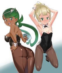  2girls absurdres alternate_costume armpits ass back blonde_hair blunt_bangs breasts cleavage closed_mouth cowboy_shot creatures_(company) cufflinks dark-skinned_female dark_skin from_side full_body game_freak gradient_background green_hair high_heels highres kneeling legs_apart leotard lillie_(pokemon) long_hair looking_back mallow_(pokemon) medium_breasts multiple_girls nintendo ontaros open_mouth pantyhose parted_bangs playboy_bunny pokemon pokemon_sm shiny_clothes shoes small_breasts smile standing swept_bangs teeth thighs third-party_edit tray twintails upper_teeth_only white_background  rating:Sensitive score:100 user:brskdrvgon
