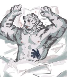  1boy abs animal_ears arknights armpits arms_up bara belly_rub closed_eyes commentary cross_scar disembodied_limb english_commentary facial_scar furry furry_male highres lodgebert male_focus mountain_(arknights) nipples on_bed pectorals scar scar_across_eye scar_on_cheek scar_on_face tiger_boy tiger_ears tiger_stripes tongue tongue_out topless_male 