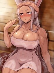  1girl :o animal_ears bare_shoulders blush boku_no_hero_academia breasts cleavage collarbone covered_abs covered_navel dark-skinned_female dark_skin fanning_self hand_up harurukan hashtag-only_commentary highres large_breasts long_eyelashes long_hair looking_to_the_side mirko naked_towel parted_bangs rabbit_ears rabbit_girl red_eyes sauna sitting solo steam sweat thick_thighs thighs toned_female towel towel_on_head very_long_hair white_hair white_towel wooden_wall  rating:Sensitive score:18 user:danbooru