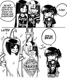  3girls bait_and_switch blush bracelet comic corrupted_twitter_file costume ear_piercing emo-girl_(grs-) english_text goth-girl_(grs-) greyscale grin grs- highres jewelry long_hair medium_hair metal-girl_(grs-) monochrome multicolored_hair multiple_girls no_mouth original piercing ponytail pun short_hair short_ponytail smile spiked_bracelet spikes tabasco too_literal two-tone_hair yuri 