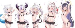  5girls ;d absurdres animal_ears apron arm_garter armpits arms_behind_head arms_up bikini black_bikini black_bow black_bowtie black_skirt blue_eyes blunt_bangs blush bow bowtie braid braided_bangs breasts cat_ears cat_tail choker cleavage cocozasa collar commentary commentary_request cowboy_shot demon_horns drink fang female_focus fins fish_tail flat_chest frilled_collar frills gawr_gura gradient_hair grin hair_bow hair_ribbon halo hand_on_own_hip hands_up highres holding hololive hololive_english horns la+_darknesss loli long_hair looking_at_viewer maid maid_apron maid_bikini maid_headdress micro_bikini miniskirt mole mole_under_eye multicolored_hair multiple_girls murasaki_shion murasaki_shion_(gothic_lolita) nakiri_ayame narrow_waist navel ninomae_ina&#039;nis one_eye_closed oni open_mouth orange_hair pointy_ears poyoyo_(nakiri_ayame) purple_hair red_eyes red_hair red_ribbon ribbon ribs shark_tail sidelocks simple_background single_braid skin-covered_horns skindentation skirt small_breasts smile streaked_hair sweatdrop swimsuit tail tail_ornament tail_ribbon takodachi_(ninomae_ina&#039;nis) tentacle_hair tentacles twintails unconventional_maid upper_body virtual_youtuber white_background white_hair wrist_cuffs yellow_eyes  rating:Sensitive score:127 user:danbooru
