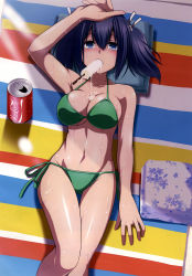 10s 1girl arm_at_side arm_up armpits bare_arms bare_legs bare_shoulders between_breasts bikini blue_eyes blue_hair blush brand_name_imitation breasts can cleavage coca-cola collarbone drink_can female_focus food food_on_body from_above green_bikini hair_between_eyes hair_ribbon hand_on_own_forehead highres kantai_collection kuromayu large_breasts legs looking_at_viewer lying matching_hair/eyes melting mouth_hold navel neck non-web_source nose_blush on_back popsicle ribbon sexually_suggestive shade shiny_skin short_hair side-tie_bikini_bottom soda_can solo souryuu_(kancolle) suggestive_fluid sunlight sweat swimsuit towel twintails rating:Questionable score:20 user:danbooru