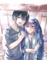  1boy 1girl absurdres androgynous black_hair crossed_arms eyelashes grey_shirt hair_between_eyes highres jack_jeanne jacket jacket_over_head justice0916 long_sleeves looking_at_viewer open_clothes open_mouth open_shirt pink_hair rain red_eyes reverse_trap shirt short_hair smile tachibana_kisa upper_body water_drop wet wet_clothes wet_hair white_shirt yonaga_soushirou 