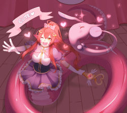 1girl ;d alternate_costume alternate_hairstyle arm_warmers attract_(pokemon) bow bowtie breasts commentary commission contest creatures_(company) crossover curtains dress elbow_gloves fang fangs game_freak gen_3_pokemon gloves gorebyss hair_ornament hairclip happy heart high_ponytail jewelry lamia long_hair looking_up magical_girl miia_(monster_musume) monster_girl monster_musume_no_iru_nichijou nintendo one_eye_closed open_mouth pointy_ears pokemon pokemon_(creature) pokemon_emerald pokemon_move pokemon_rse ponytail red_hair scales skirt skis slit_pupils smile snake_tail tail teamwork techsupportdog wand white_gloves yellow_eyes