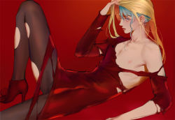 1boy androgynous ankle_boots blonde_hair blue_eyes blue_hair boots crossdressing dress emg_(christain) from_side hand_in_own_hair high_heels knee_up lying male_focus mole mole_under_eye nipples pantyhose pisces_aphrodite profile red_background saint_seiya solo torn_clothes torn_dress torn_pantyhose trap wig unworn_wig rating:Questionable score:20 user:danbooru