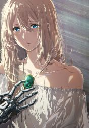  1girl absurdres artist_request blonde_hair blue_eyes cleaned female_focus gekijouban_violet_evergarden highres jewelry key_visual long_hair looking_at_viewer mechanical_hands messy_hair official_art parted_lips pendant poster_(medium) promotional_art solo straight_hair tagme violet_evergarden violet_evergarden_(series)  rating:Sensitive score:16 user:SystemError