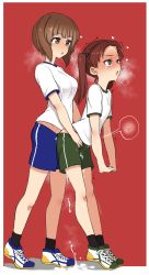  2girls :d age_difference ahegao aomushi_(mushamusha) black_socks blouse blue_shorts border breasts brown_eyes brown_hair clothed_sex commentary_request couple cum cum_pool cumdrip fertilization flat_chest full_body futa_with_female futanari girls_und_panzer green_shorts gym_shorts gym_uniform highres implied_futanari impregnation kadotani_anzu loli long_hair medium_breasts multiple_girls nishizumi_miho onee-loli open_mouth ovum red_background sex sex_from_behind shirt shoes short_hair shorts simple_background smile sneakers socks sperm_cell standing standing_sex tiptoes twintails white_border white_shirt wide-eyed  rating:Explicit score:717 user:danbooru