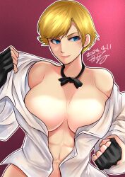  1girl abs artist_name blonde_hair blue_eyes bow bowtie breasts cleavage clenched_hand clothes_pull dated fingerless_gloves gloves half-closed_eyes highres king_(snk) large_breasts legs muscular naked_shirt navel no_bra no_panties open_clothes opened_by_self pink_lips red_background ryuuko_no_ken seductive_gaze seductive_smile shirt short_hair simple_background smile snk solo the_king_of_fighters thighs unbuttoned white_shirt wide_sleeves 