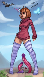  1girl artist_name bat_(animal) bottomless breasts brown_hair bug butterfly cleft_of_venus cloud dr_graevling grass green_eyes heart highres insect mountain navi original outdoors precum pussy pussy_peek short_hair sky slug standing striped_clothes striped_thighhighs sweater sweater_girl_(dr_graevling) tentacles thighhighs  rating:Explicit score:150 user:Mercanaries3