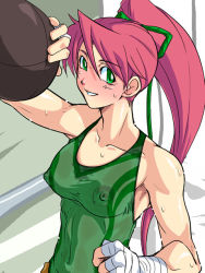  1girl arm_up armpits bandages bare_shoulders blush breasts collarbone covered_erect_nipples covered_navel female_focus green_eyes green_shirt hair_between_eyes hair_ribbon hand_wraps holding indoors kojima_satomi kondou_makoto large_breasts long_hair long_image looking_at_viewer muscular nipples parted_lips pink_hair ponytail punching_bag qkat_(arikawa-dou) red_hair ribbon see-through shadow shiny_skin shirt smile solo standing sweat sweat_stain tall_image tank_top upper_body wrestle_angels  rating:Questionable score:18 user:danbooru