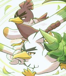  animal_focus bird bright_pupils brown_eyes closed_mouth creatures_(company) duck falling_leaves galarian_farfetch&#039;d game_freak gen_8_pokemon highres leaf looking_ahead motion_lines nintendo no_humans pokemon pokemon_(creature) running shuri_(syurigame) signature sirfetch&#039;d thick_eyebrows v-shaped_eyebrows white_background white_pupils 