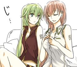  2girls bad_id bad_pixiv_id bare_arms bare_shoulders blue_eyes blush collared_shirt cosplay costume_switch couch cushion closed_eyes female_focus green_eyes green_hair hair_down hatsune_miku knee_up long_hair looking_at_another megurine_luka multiple_girls neck open_clothes open_shirt parted_lips pink_hair shirt sitting sleeveless sleeveless_shirt smile tattoo very_long_hair vocaloid yuri yuuyu_(777)  rating:Sensitive score:15 user:danbooru