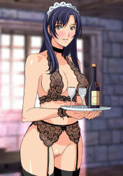  1girl alcohol black_hair blue_hair blush bottomless bra breasts choker cleavage cup drinking_glass garter_belt glass lingerie long_hair maid maid_headdress medium_breasts no_panties pussy rudoni see-through smile solo thighhighs tray uncensored underwear underwear_only wine wine_glass yellow_eyes  rating:Explicit score:92 user:danbooru