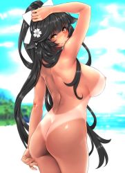 1girl arm_up ass azur_lane back beach black_hair blue_sky blush bow breasts closed_mouth day flower hair_flaps hair_flower hair_ornament hayama_kazusa highres hip_focus large_breasts long_hair looking_at_viewer looking_back nipples nude ocean one-piece_tan ponytail sky solo takao_(azur_lane) tan tanline white_bow yellow_eyes rating:Questionable score:32 user:danbooru