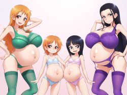  4girls absurdres age_difference aged_down akai_(riaakai) black_hair blue_eyes blush bra female_focus highres lingerie loli long_hair looking_at_viewer multiple_girls nami_(one_piece) nico_robin one_piece orange_eyes orange_hair panties pregnant pregnant_loli short_hair simple_background smile standing tagme tattoo underwear  rating:Explicit score:237 user:Ruffy16