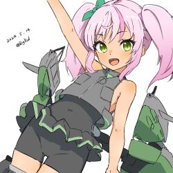  1girl absurdres arm_up bigkwl black_one-piece_swimsuit blush comandante_cappellini_(kancolle) cropped_jacket dated green_eyes hair_ribbon highres jacket kantai_collection looking_at_viewer one-hour_drawing_challenge one-piece_swimsuit open_mouth pink_hair ribbon rigging sidelocks simple_background sleeveless sleeveless_jacket solo swimsuit twintails twitter_username white_background 