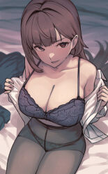  1girl bed_sheet black_bra bra breasts brown_eyes brown_hair cleavage commentary floral_print highres lace lace-trimmed_bra lace_trim large_breasts long_hair long_sleeves looking_at_viewer mi2mi2_minmi off_shoulder open_clothes open_shirt original panties panties_under_pantyhose pantyhose shirt sitting solo sweat symbol-only_commentary underwear undressing very_long_hair white_shirt 