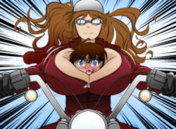  1boy 1girl age_difference between_breasts biker_clothes blush bodysuit breasts brown_hair cleavage covered_erect_nipples edogawa_conan gigantic_breasts glasses gloves goggles helmet huge_breasts kudou_yukiko long_hair mature_female meitantei_conan mother_and_son motor_vehicle motorcycle older_woman_and_younger_man person_between_breasts red_bodysuit short_hair shota smile under_another&#039;s_clothes xxangeluciferxx 