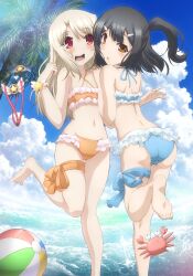  2girls :/ :d ass back ball bare_shoulders barefoot beach beachball bikini black_hair blonde_hair blue_bikini blue_sky blush body_blush bracelet breath brown_eyes cloud cloudy_sky collarbone commentary_request crab criss-cross_halter day dot_nose eighth_note fate/kaleid_liner_prisma_illya fate_(series) feet flat_chest frilled_bikini frills from_behind gluteal_fold groin hair_ornament hairclip half_updo halterneck hand_on_another&#039;s_shoulder heart illyasviel_von_einzbern jewelry kneepits leg_lift leg_ribbon legs long_hair looking_at_viewer looking_back magical_ruby magical_sapphire miyu_edelfelt multiple_girls musical_note navel nyantype ocean official_art open_mouth orange_bikini outdoors palm_tree parted_bangs parted_lips ponytail red_eyes ribbon satou_kaori shoulder_blades sky smile soles standing standing_on_one_leg star_(symbol) stomach swimsuit tareme teeth thigh_gap thigh_ribbon tree upper_teeth_only water 