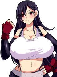  1990s_(style) 1girl belt black_hair breasts cleavage covered_erect_nipples earrings elbow_gloves final_fantasy final_fantasy_vii fingerless_gloves gloves huge_breasts jewelry long_hair low-tied_long_hair midriff navel nishida_megane red_eyes retro_artstyle simple_background smile solo square_enix tifa_lockhart very_long_hair white_gloves  rating:Sensitive score:114 user:railbreaker