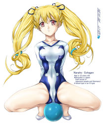00s 1girl akai_ibara arms_behind_back ball blonde_hair blush breasts cameltoe character_name character_profile cleft_of_venus cohagen_nanaho collarbone english_text engrish_text female_focus full_body gymnastics hair_ornament hair_ribbon half-soles large_breasts leotard long_hair looking_at_viewer low-tied_long_hair narrow_waist parted_lips pink_eyes ranguage red_eyes rhythmic_gymnastics ribbon shiny_clothes shoes simple_background slippers solo spandex spread_legs squatting straddling text_focus twintails white_background zundarepon rating:Questionable score:40 user:danbooru