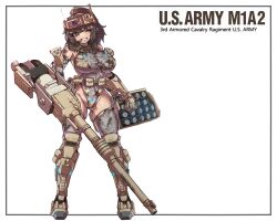 1girl armored_boots bincan boots breasts camouflage camouflage_leotard cannon desert_camouflage english_text gauntlets headgear highres humanization large_breasts leotard looking_at_viewer m1_abrams mecha_musume military military_vehicle motor_vehicle one_eye_closed original smokestack solo tank tank_shell united_states_army 