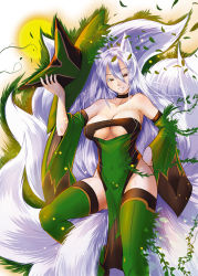  1girl animal_ears badhand bare_shoulders breasts choker cleavage cleavage_cutout clothing_cutout detached_sleeves female_focus fox_ears fox_tail hat holding large_breasts multiple_tails original plant red_eyes smile solo strapless tail thighhighs white_hair  rating:Questionable score:21 user:Lagiacrus