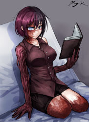 1girl amputee artist_name bare_shoulders black_eyes black_hair black_shorts blue_eyes book breasts brown_shirt closed_eyes collarbone collared_shirt colored_skin commentary double_amputee expressionless full_body hair_between_eyes heterochromia highres holding holding_book large_breasts legless_amputee looking_at_viewer multicolored_hair multicolored_skin no_legs open_book original ray-k red_hair rust_(ray-k) shirt shorts signature sitting sleeveless sleeveless_shirt solo two-tone_hair two-tone_skin wing_collar rating:Sensitive score:38 user:danbooru