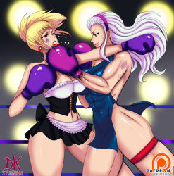  2girls amazon_(dkstudios05) ass bartender_girl_(dkstudios05) boxing boxing_gloves boxing_ring breasts cleavage curvy dkstudios05 leotard maid multiple_girls open_mouth patreon punching thick_thighs  rating:Sensitive score:3 user:dknc811