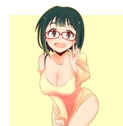 1girl :d adjusting_eyewear bare_shoulders bespectacled blunt_bangs blush bottomless bra_strap breasts brown_eyes cleavage covering_privates covering_crotch cowboy_shot glasses green_hair happy highres idolmaster idolmaster_(classic) index_finger_raised large_breasts leaning_forward looking_at_viewer maiko_(yoshida308) mole mole_under_mouth off_shoulder open_mouth otonashi_kotori outline pinky_out red-framed_eyewear red_eyes shirt_tug short_hair simple_background sleeves_past_wrists smile solo standing yellow_background