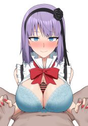  1boy 1girl black_flower black_hairband black_rose black_skirt blue_eyes blush bra breasts breasts_out censored cleavage dagashi_kashi flower hair_flower hair_ornament hairband highres holding_hands interlocked_fingers large_breasts looking_at_viewer open_clothes paizuri penis pointless_censoring pov purple_hair red_nails rose shidare_hotaru skirt smile suspenders sweat underwear  rating:Explicit score:9 user:spk