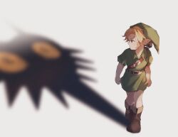  1boy belt blonde_hair boots full_body grey_background hat link looking_back majora_(entity) nintendo pointy_ears shadow solo ten_1397xx the_legend_of_zelda the_legend_of_zelda:_majora&#039;s_mask the_legend_of_zelda:_ocarina_of_time tunic walking young_link 