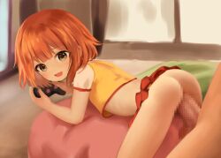  1boy 1girl :d age_difference ass blush censored controller crumbles daughter_(yoru_mac) game_controller green_eyes highres holding holding_controller holding_game_controller indoors loli looking_at_viewer mcdonald&#039;s mosaic_censoring open_mouth orange_hair penis red_skirt sex sex_from_behind shirt short_hair short_sleeves skirt smile solo_focus yellow_shirt yoru_mac  rating:Explicit score:362 user:danbooru