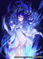  1girl black_hair blue_eyes blue_hair breasts character_request closed_mouth coat copyright_notice dress force_of_will glowing glowing_eye hand_in_pocket holding holding_test_tube jewelry lab_coat logo long_hair multicolored_hair natsuiro_xx necklace official_art open_clothes open_coat solo sparkle streaked_hair test_tube white_coat white_dress 