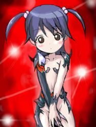 1girl amaha_rihoko blue_hair blush cosplay covering_privates hair_bobbles hair_ornament lens_flare loli lowres nude nude_cover oekaki role_reversal solo transformation twintails witchblade witchblade_(cosplay) rating:Questionable score:35 user:Rikko-43