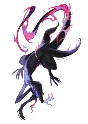  animal_focus artist_name colored_sclera creatures_(company) fire flame-tipped_tail full_body game_freak gen_7_pokemon highres kamikiririp long_tongue nintendo no_humans open_mouth pink_eyes pokemon pokemon_(creature) purple_fire purple_sclera reptile salazzle sharp_teeth signature simple_background slit_pupils solo teeth tongue tongue_out white_background 