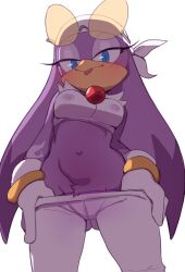  1girl beak bird_girl breasts cameltoe clothes_pull covered_erect_nipples crop_top eyewear_on_head female_pubic_hair from_below furry furry_female gluteal_fold highres lightsource looking_at_viewer pants pants_pull pubic_hair purple_fur simple_background solo sonic_(series) sonic_riders thigh_gap tongue tongue_out wave_the_swallow 
