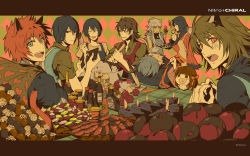 4girls 5boys animal_ears apple apron argyle argyle_background argyle_clothes blue_eyes blue_hair brown_hair cake candy cat_ears character_request chocolate copyright_request fangs food fruit furoshiki green_hair hair_ribbon heart heart_in_mouth highres hot_sauce knife lamento limited_palette milk multiple_boys multiple_girls nitro+_chiral nitrotitan orange_hair red_eyes ribbon slit_pupils smile sweet_pool valentine watermark