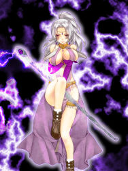  1girl bad_id bad_pixiv_id bare_shoulders blush boots bracelet breast_hold breast_lift breasts cape circlet cleavage crossed_arms elbow_gloves gensou_suikoden gensou_suikoden_i gloves jeane_(suikoden) jewelry large_breasts leg_up legs lightning long_legs magic naughty_face necklace ponytail purple_eyes rhapsodia shoes sideboob silver_hair smirk solo staff thigh_strap thighs weapon yunako_(artist) 