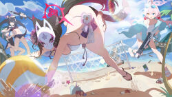  5girls absurdres ahoge animal animal_ears bare_arms bare_legs bare_shoulders beach beach_volleyball bikini black_bikini black_hair black_one-piece_swimsuit blue_archive blue_eyes blue_halo blue_jacket boller_jiang breasts cat_ears colored_inner_hair competition_swimsuit day extra_ears fox_mask frilled_bikini frills green_halo grey_hair gun hair_between_eyes hair_bobbles hair_ornament halo heterochromia highres hoshino_(blue_archive) hoshino_(swimsuit)_(blue_archive) jacket large_breasts light_brown_hair long_hair long_sleeves low_twintails mask medium_hair multicolored_hair multiple_girls nonomi_(blue_archive) nonomi_(swimsuit)_(blue_archive) ocean official_alternate_costume one-piece_swimsuit one_eye_closed open_clothes open_jacket open_mouth outdoors pink_hair pink_halo red_eyes red_hair sandals serika_(blue_archive) serika_(swimsuit)_(blue_archive) shiroko_(blue_archive) shiroko_(swimsuit)_(blue_archive) small_breasts starfish swimsuit toes twintails wakamo_(blue_archive) wakamo_(swimsuit)_(blue_archive) weapon white_bikini wolf_ears yellow_bikini yellow_eyes 