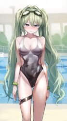  1girl absurdres black_one-piece_swimsuit blush breasts cameltoe cleavage clothing_cutout cream_bread goggles green_hair highres honkai_(series) honkai_impact_3rd legband legs long_hair looking_at_viewer medium_breasts mobius_(honkai_impact) one-piece_swimsuit pool_ladder poolside purple_eyes side_cutout slit_pupils solo swimsuit tree water 