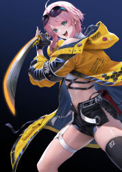  1girl :d absurdres ahoge aqua_eyes armband belt black_armband black_gloves black_shorts black_thighhighs blue_background character_name clothes_writing coat commentary_request cover cover_page cowboy_shot crop_top eyewear_on_head fingerless_gloves gloves highres holding holding_sword holding_weapon hood hood_down hooded_coat long_sleeves looking_at_viewer midriff mugetsu2501 navel o-ring o-ring_thigh_strap off_shoulder open_clothes open_coat open_fly open_mouth original pink_hair ribbed_shirt shirt short_hair_with_long_locks short_shorts shorts sidelocks simple_background single_thighhigh skindentation sleeveless sleeveless_shirt smile solo standing sunglasses sword teeth thigh_strap thighhighs turtleneck turtleneck_shirt upper_teeth_only weapon white_belt yellow_coat 