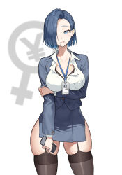  1girl absurdres black_bra blue_eyes blue_hair bra breasts cleavage collared_shirt commentary curvy dress_shirt english_commentary formal gradient_hair high-waist_skirt highres holding holding_own_arm holding_phone id_card jacket large_breasts looking_at_viewer medium_hair migu_(iws2525) multicolored_hair office_lady original pencil_skirt phone shirt simple_background skindentation skirt skirt_suit solo suit thick_thighs thighhighs thighs underwear white_shirt wide_hips yen_sign 