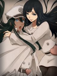 1boy 1girl androgynous bambietta_basterbine black_hair bleach blue_eyes cape drooling giselle_gewelle hat heart hetero hug long_hair looking_at_viewer military military_uniform open_mouth peaked_cap quincy_(bleach) saliva smile tongue trap uniform zombie  rating:Sensitive score:23 user:gabbad