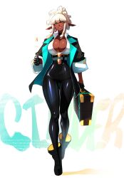  1girl absurdres black_gloves black_jacket black_pants blonde_hair breasts briefcase choker coin coin_flip dark-skinned_female dark_skin full_body gloves half_gloves highres jacket leather leather_pants looking_at_viewer lyuka mole mole_on_breast original pants pointy_ears shiny_clothes solo standing sunglasses thumbs_up unworn_eyewear walking white_background yellow_eyes 