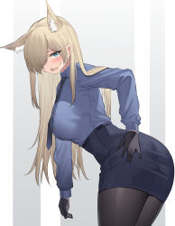  1girl absurdres angel_no_shousou animal_ear_fluff animal_ears ass black_gloves black_skirt blonde_hair blue_archive blue_eyes blue_shirt blue_skirt breasts brown_pantyhose buttons collared_shirt cowboy_shot dress_shirt extra_ears from_behind gloves hair_over_one_eye hand_on_own_hip high-waist_skirt highres kanna_(blue_archive) large_breasts leaning_forward long_hair long_sleeves looking_at_viewer looking_back miniskirt necktie open_mouth pantyhose pencil_skirt police police_uniform sharp_teeth shirt shirt_tucked_in skirt solo standing sweatdrop taut_clothes taut_skirt teeth thighs uniform  rating:Sensitive score:24 user:danbooru